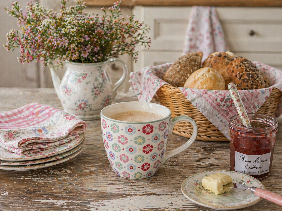 GreenGate Tasse Rike weiß geblümt auf Frühstückstisch mit Brötchen und Marmelade im Shabby Chic Landhausstil