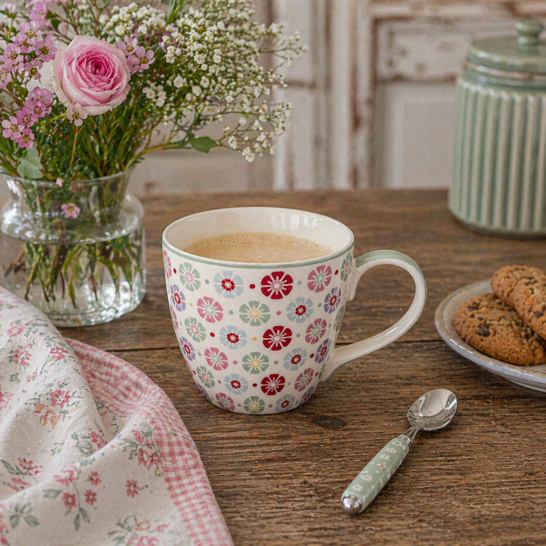 GreenGate Tasse Rike weiß geblümt in Nutzung mit Kaffee auf Holztisch im skandinavischen Landhausstil