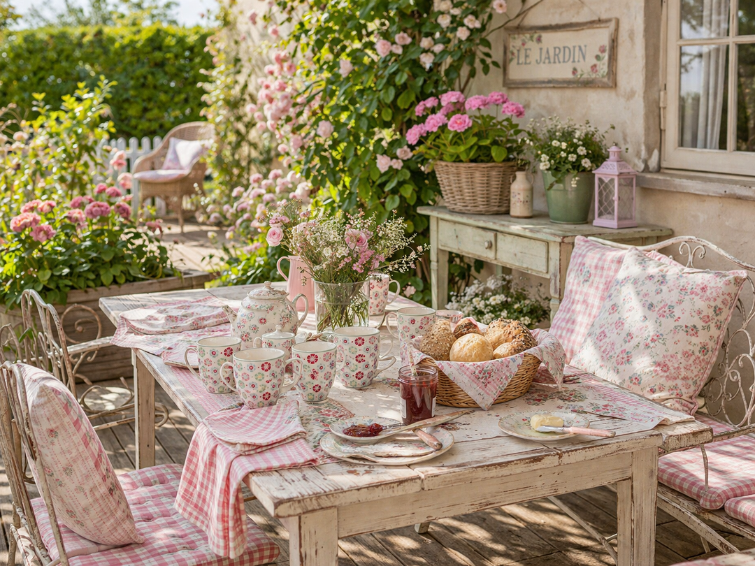 GreenGate Tasse Rike weiß geblümt auf sommerlicher Terrasse im Shabby Chic Landhausstil mit gedecktem Tisch und Blumen