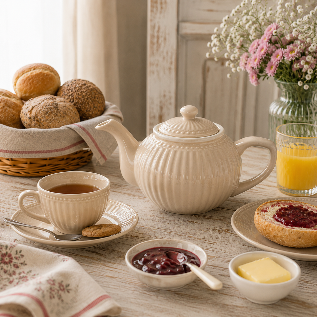 GreenGate Teekanne Alice Karamell 1 L in Frühstück Szene mit Brötchen Marmelade und Orangensaft im Landhausstil