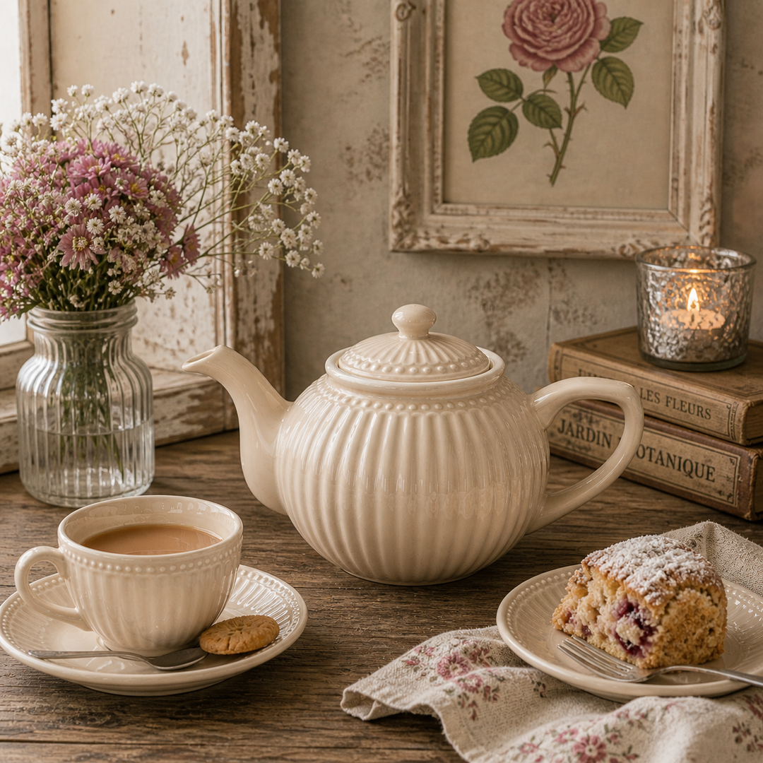 GreenGate Teekanne Alice Karamell 1 L in gemütlicher Kaffee Szene im Vintage Landhausstil