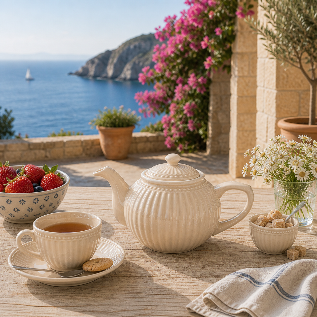 GreenGate Teekanne Alice Karamell 1 L auf sommerlicher Terrasse im mediterranen Landhausstil mit Meerblick