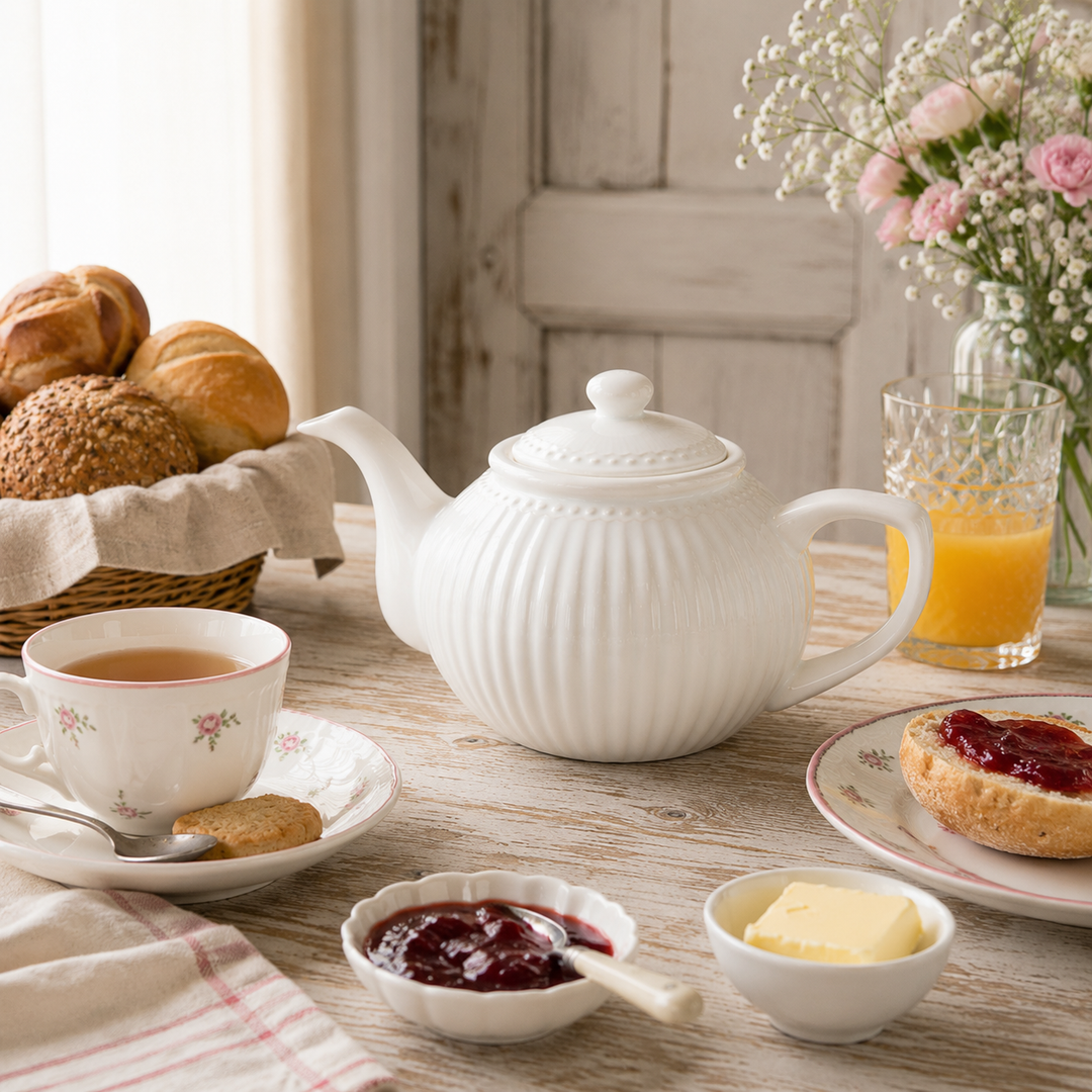 GreenGate Teekanne Alice Weiß 1,5 L in Frühstück Szene mit Brötchen Marmelade und Orangensaft im Landhausstil