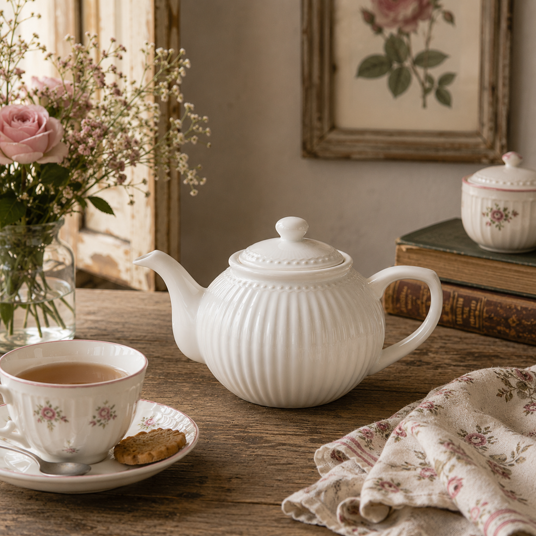 GreenGate Teekanne Alice Weiß 1,5 L in gemütlicher Kaffee Szene im Vintage Landhausstil