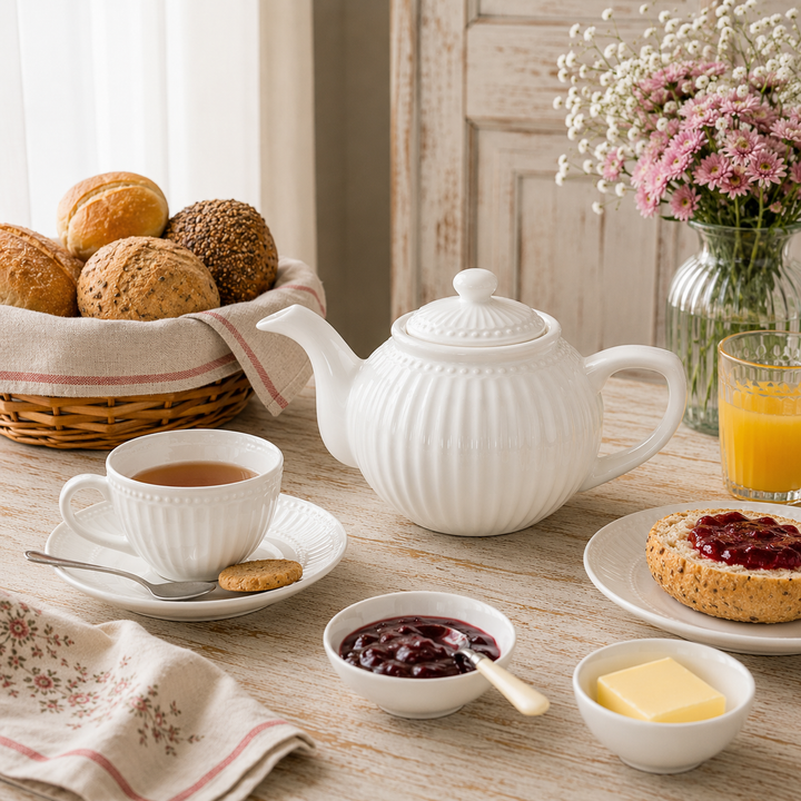 GreenGate Teekanne Alice Weiß 1 L in Frühstück Szene mit Brötchen Marmelade und Orangensaft im Landhausstil