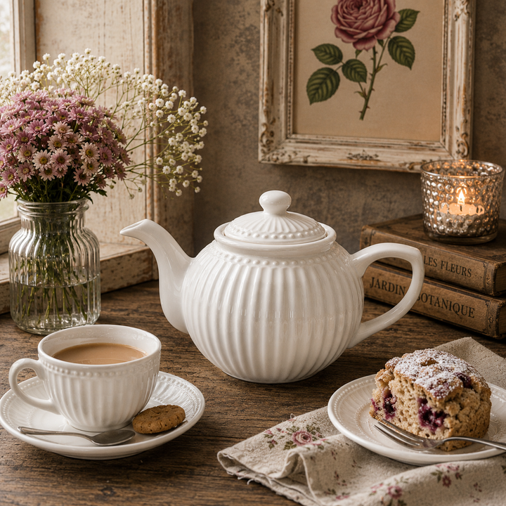 GreenGate Teekanne Alice Weiß 1 L in gemütlicher Kaffee Szene im Vintage Landhausstil