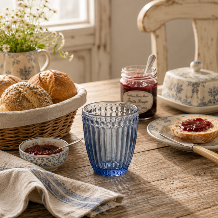 GreenGate Wasserglas Alice Blau beim gemütlichen Landhaus Frühstück mit Brötchen und Marmelade auf Holztisch