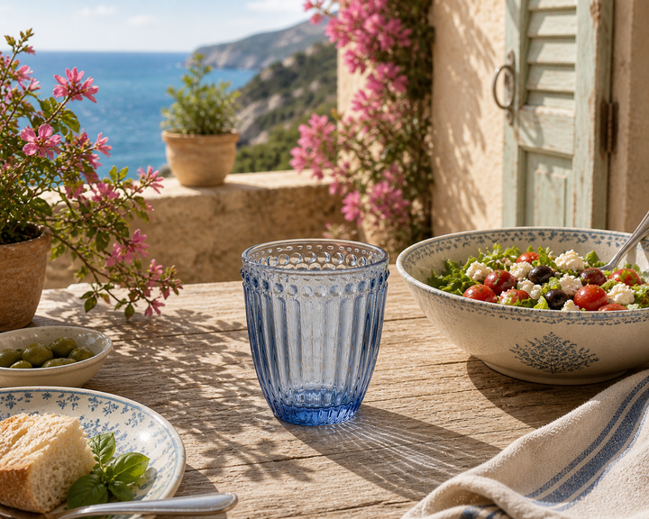 GreenGate Wasserglas Alice Blau auf mediterraner Sommer Terrasse mit Salat und Meerblick im Shabby Chic Stil
