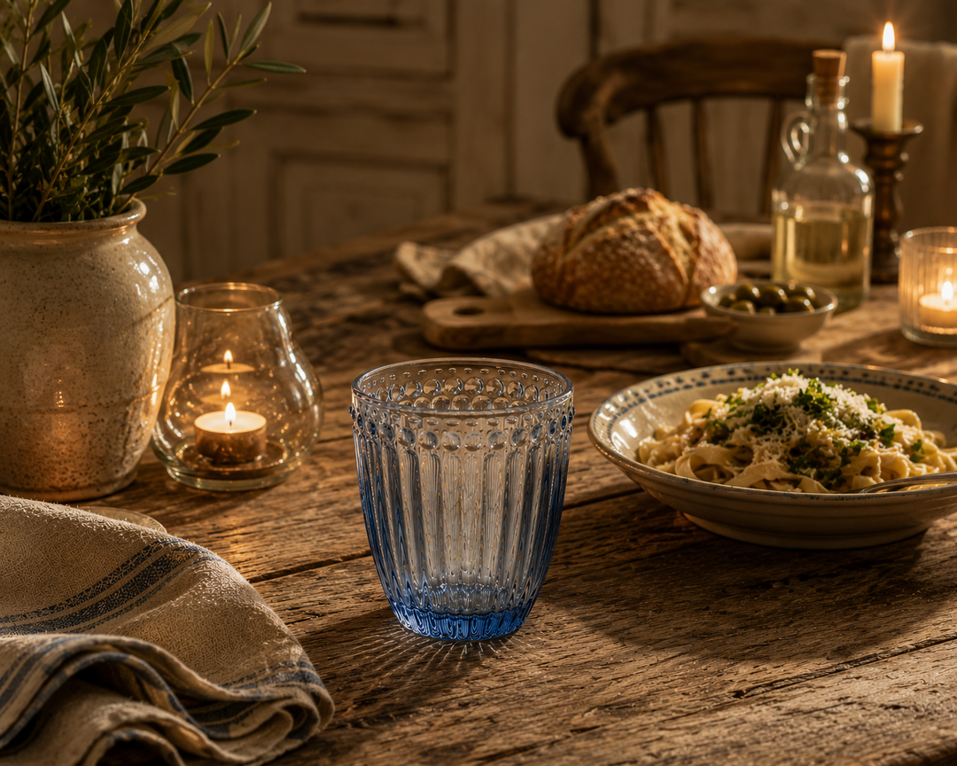 GreenGate Wasserglas Alice Blau in gemütlicher rustikaler Essensszene mit warmem Licht und Vintage Landhaus Ambiente