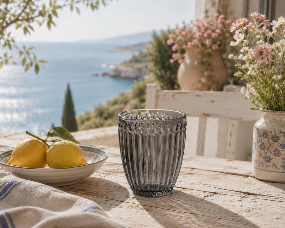 GreenGate Wasserglas Alice Grau auf mediterraner Sommerterrasse mit Zitronen und Meerblick im Toskana Stil