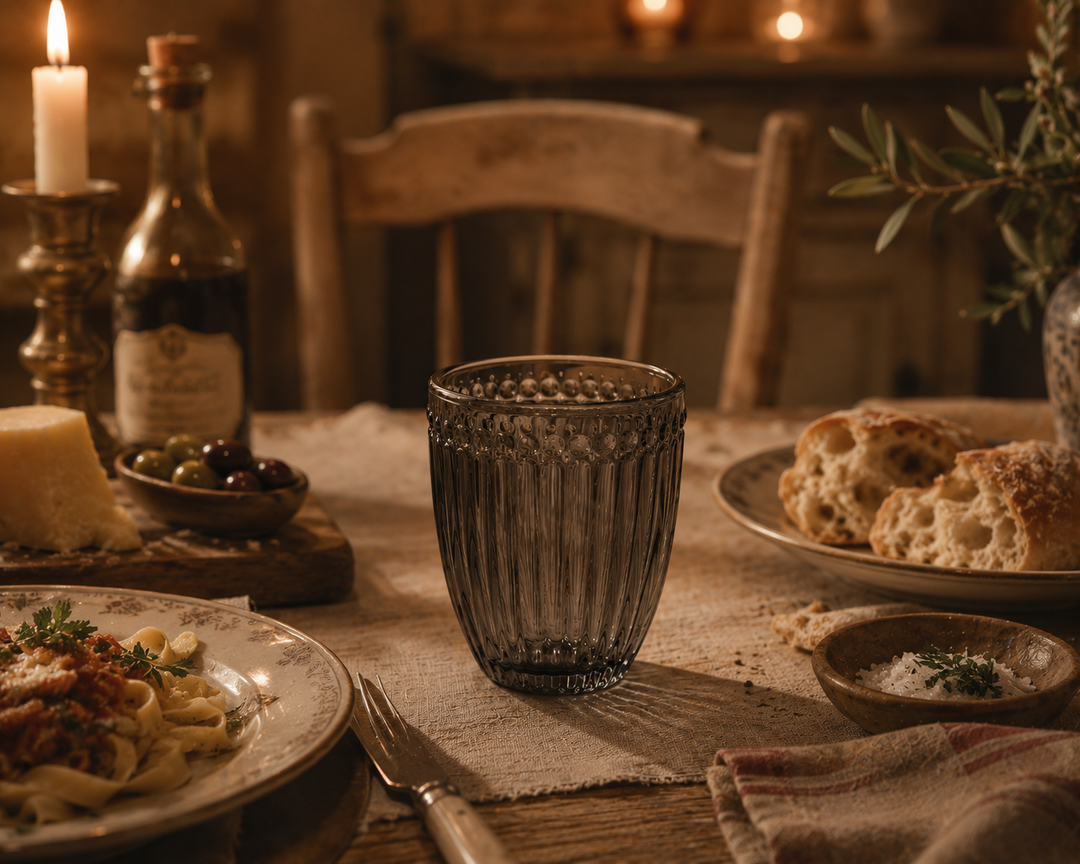 GreenGate Wasserglas Alice Grau in gemütlicher Vintage Essensszene mit warmem Licht und rustikalem Ambiente