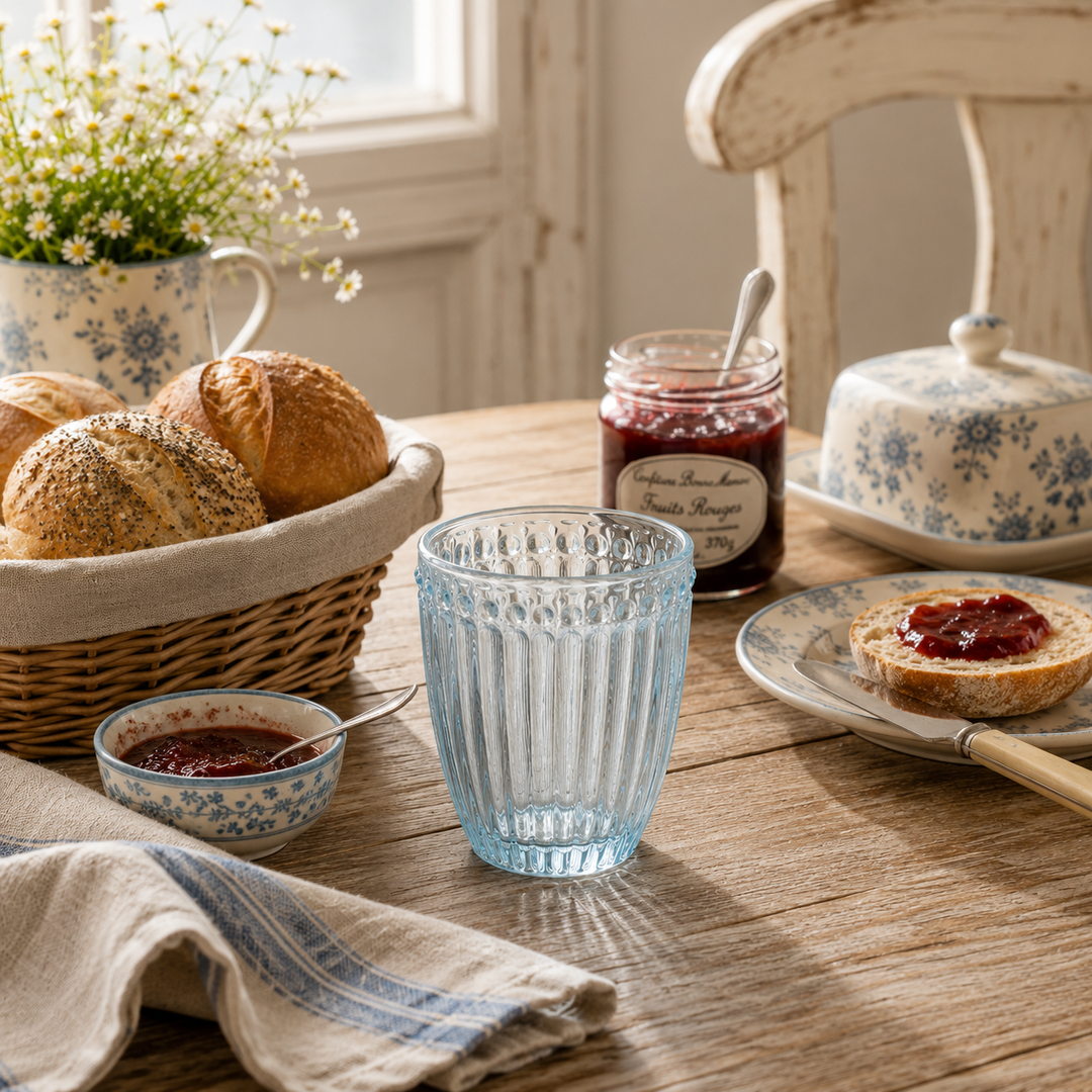GreenGate Wasserglas Alice Hellblau beim gemütlichen Landhaus Frühstück mit Brötchen und Marmelade auf Holztisch