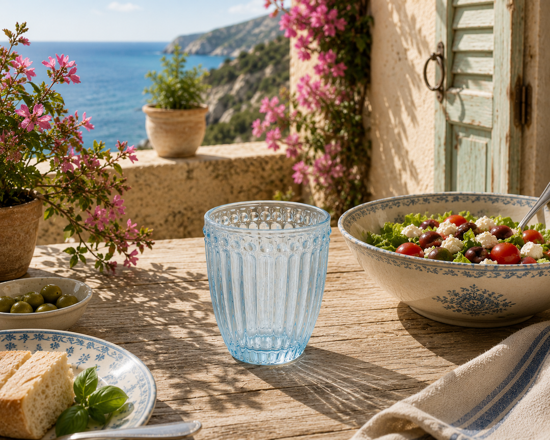 GreenGate Wasserglas Alice Hellblau auf mediterraner Sommer Terrasse mit Salat und Meerblick im Shabby Chic Stil