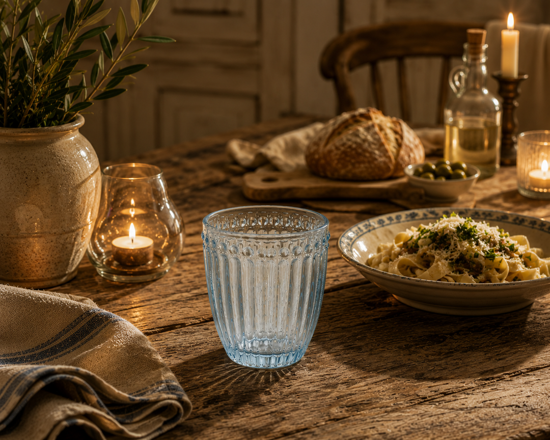 GreenGate Wasserglas Alice Hellblau in gemütlicher rustikaler Essensszene mit warmem Licht und Vintage Landhaus Ambiente