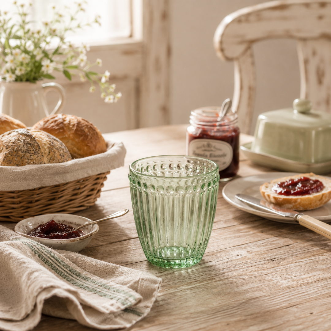 GreenGate Wasserglas Alice Hellgrün beim gemütlichen Landhaus Frühstück mit Brötchen und Marmelade auf Holztisch