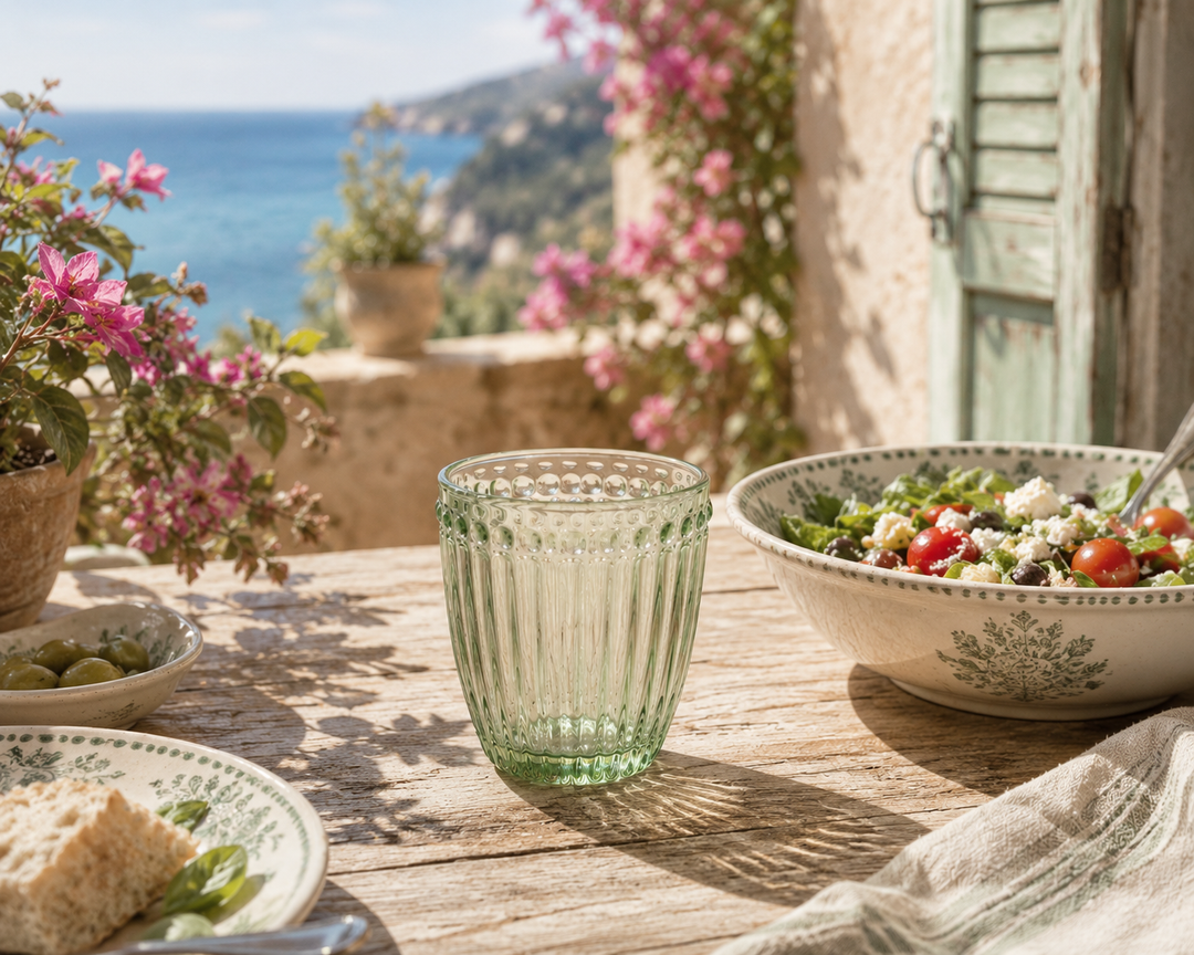 GreenGate Wasserglas Alice Hellgrün auf mediterraner Sommer Terrasse mit Salat und Meerblick im Shabby Chic Stil