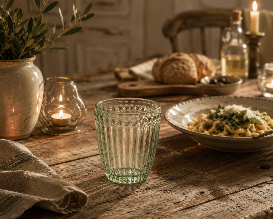 GreenGate Wasserglas Alice Hellgrün in gemütlicher rustikaler Essensszene mit warmem Licht und Vintage Landhaus Ambiente