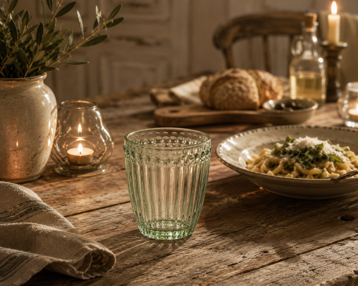 GreenGate Wasserglas Alice Hellgrün in gemütlicher rustikaler Essensszene mit warmem Licht und Vintage Landhaus Ambiente