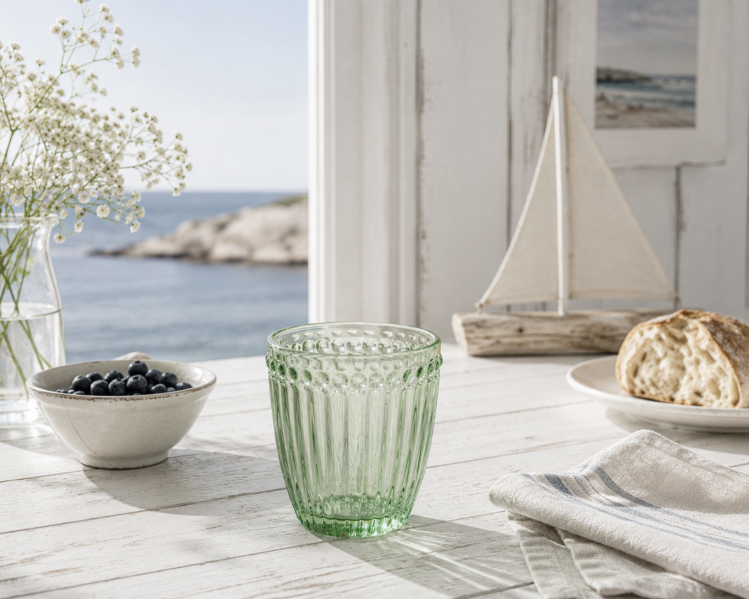 GreenGate Wasserglas Alice Hellgrün in heller skandinavischer Küstenküche mit maritimer Dekoration und Meerblick