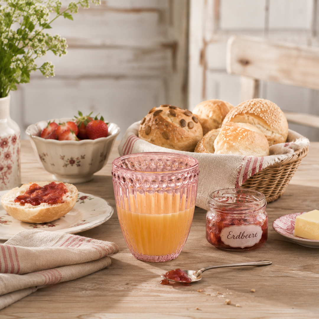 GreenGate Wasserglas Alice Hellrosa beim Landhaus Frühstück mit Brötchen und Marmelade auf Holztisch