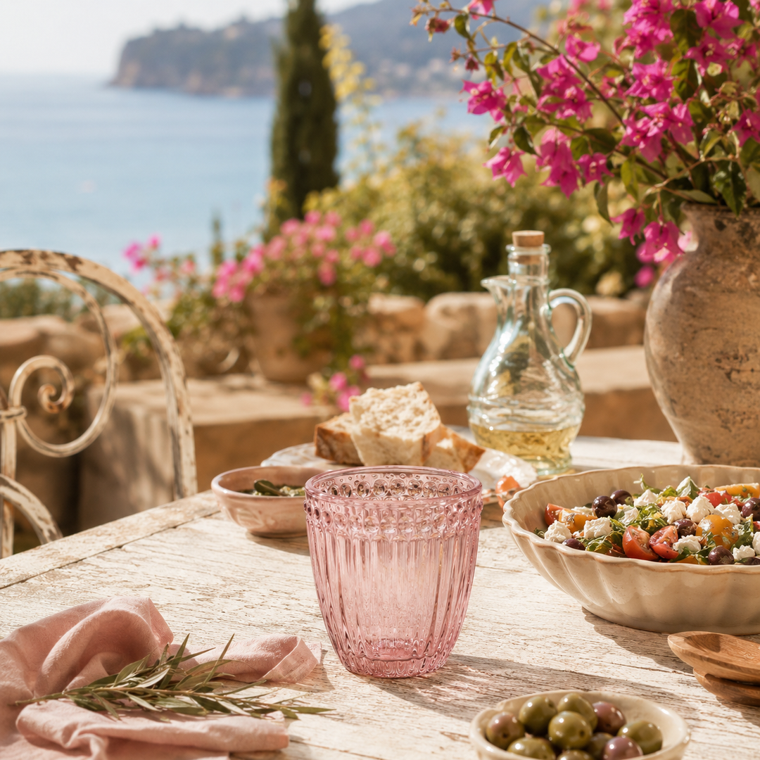 GreenGate Wasserglas Alice Hellrosa auf mediterraner Sommer Terrasse mit Salat und Meerblick im Shabby Chic Stil