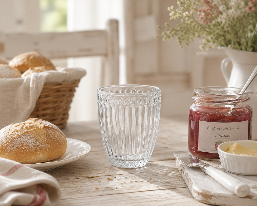 GreenGate Wasserglas Alice Klar auf rustikalem Frühstückstisch mit Brötchen und Marmelade im Landhausstil