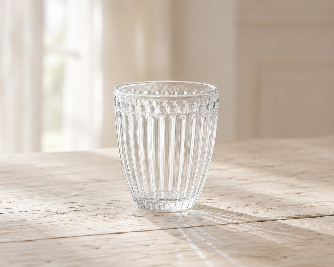 GreenGate Wasserglas Alice Klar auf hellem Landhaus Holztisch mit weichem Tageslicht im minimalistischen skandinavischen Stil