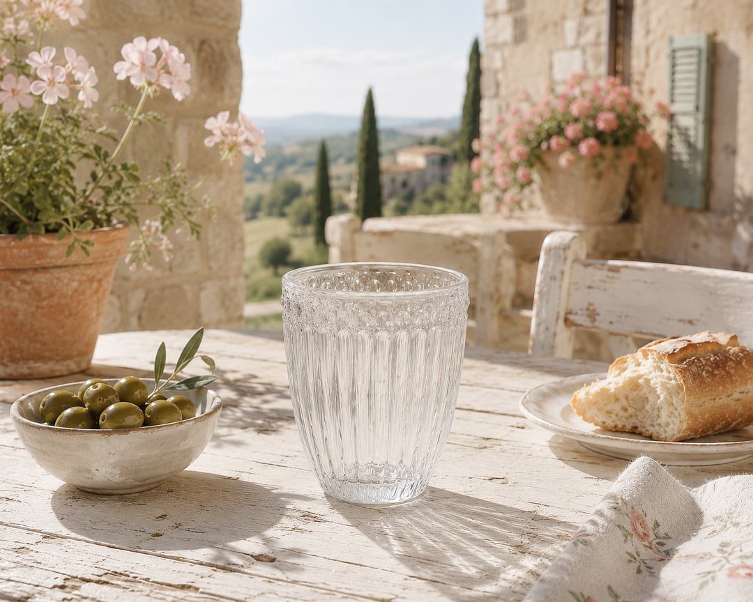 GreenGate Wasserglas Alice Klar auf mediterraner Sommerterrasse im Toskana Landhausstil mit Blumen und Sonne