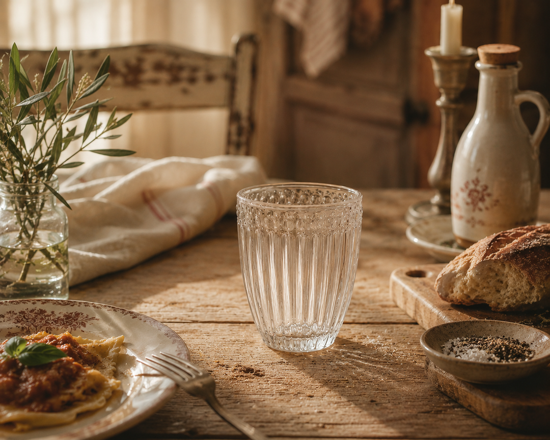 GreenGate Wasserglas Alice Klar in gemütlicher Essensszene mit warmem Licht und rustikalem Vintage Ambiente