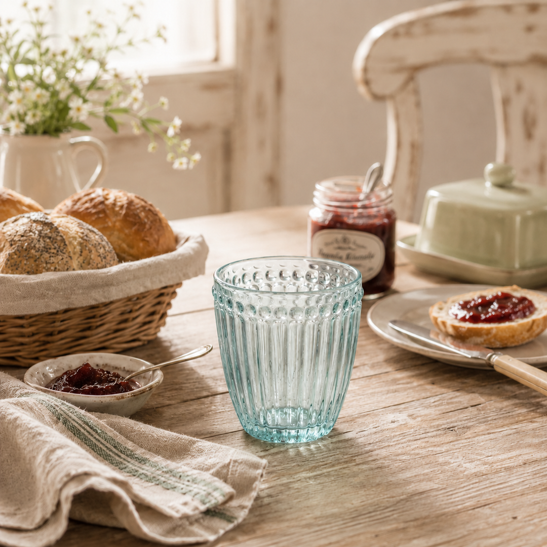 GreenGate Wasserglas Alice Kühle Minze beim gemütlichen Landhaus Frühstück mit Brötchen und Marmelade auf Holztisch