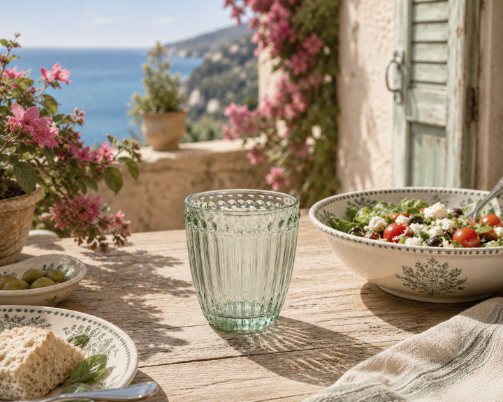 GreenGate Wasserglas Alice Kühle Minze auf mediterraner Sommer Terrasse mit Salat und Meerblick im Shabby Chic Stil