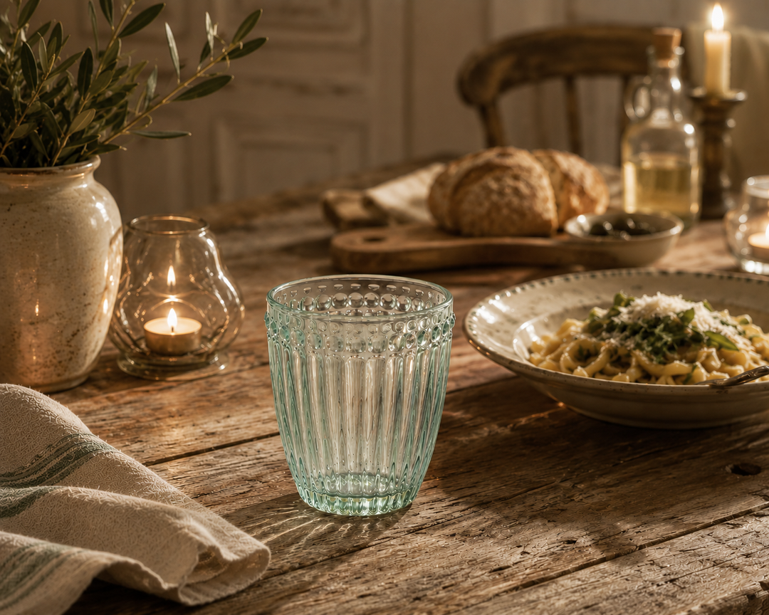 GreenGate Wasserglas Alice Kühle Minze in gemütlicher rustikaler Essensszene mit warmem Licht und Vintage Landhaus Ambiente