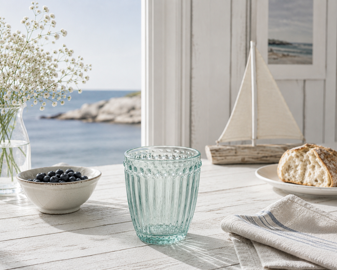 GreenGate Wasserglas Alice Kühle Minze in heller skandinavischer Küstenküche mit maritimer Dekoration und Meerblick