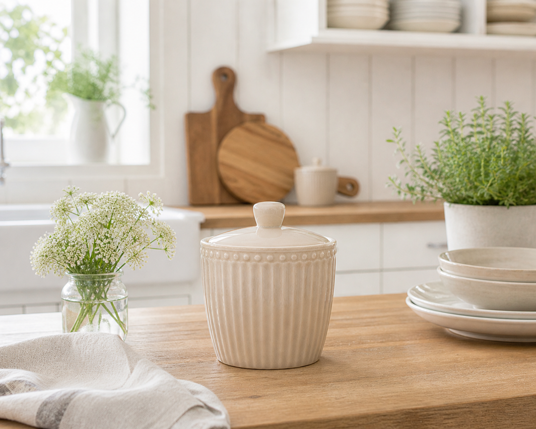 GreenGate Zuckerdose Alice Fudge in heller Landhausküche auf Holztisch, ruhige und aufgeräumte Szene
