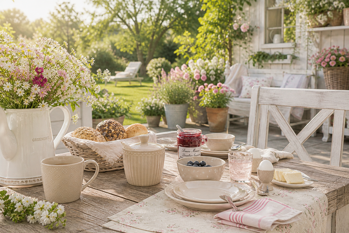 GreenGate Zuckerdose Alice Fudge auf sommerlicher Terrasse im Landhausstil, Garten, Sonne und Blumen