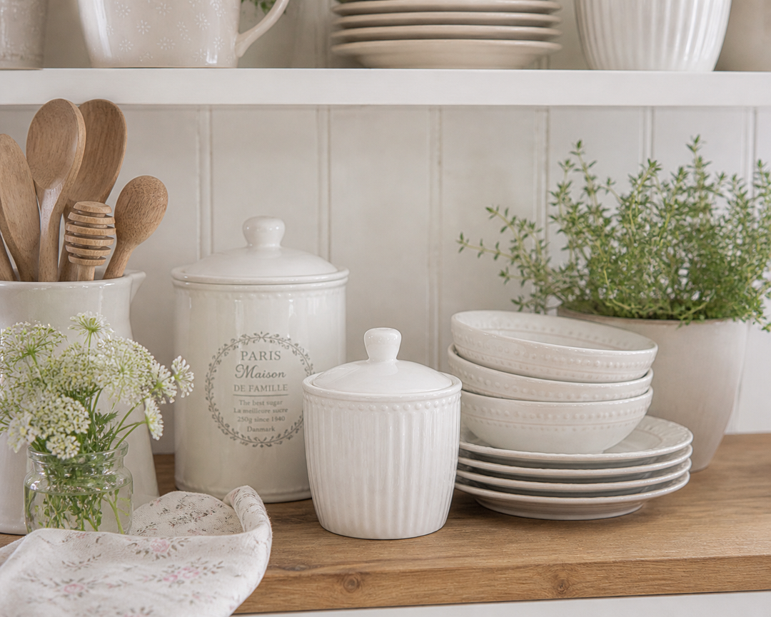GreenGate Zuckerdose Alice Weiß in heller Landhausküche auf Holzarbeitsfläche mit Keramikgeschirr und Kräutern