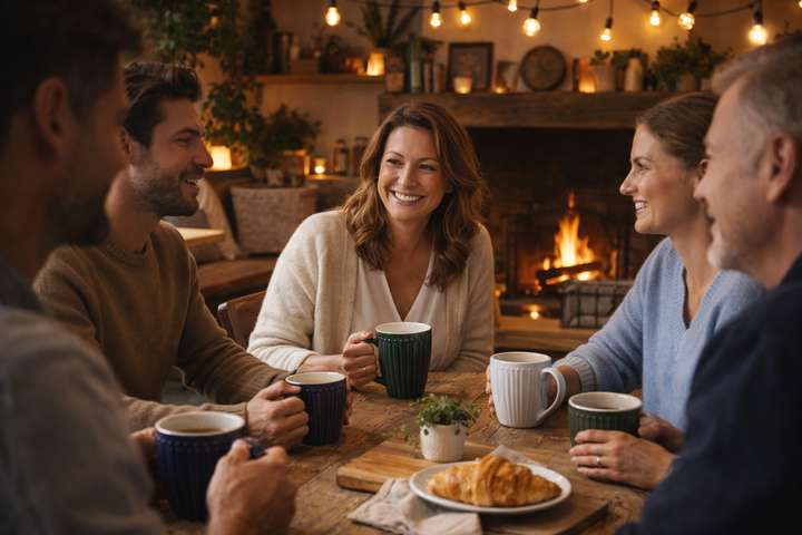 Menschen trinken Kaffee an einem Holztisch in einem gemütlichen skandinavischen Café mit Keramiktassen im Landhausstil