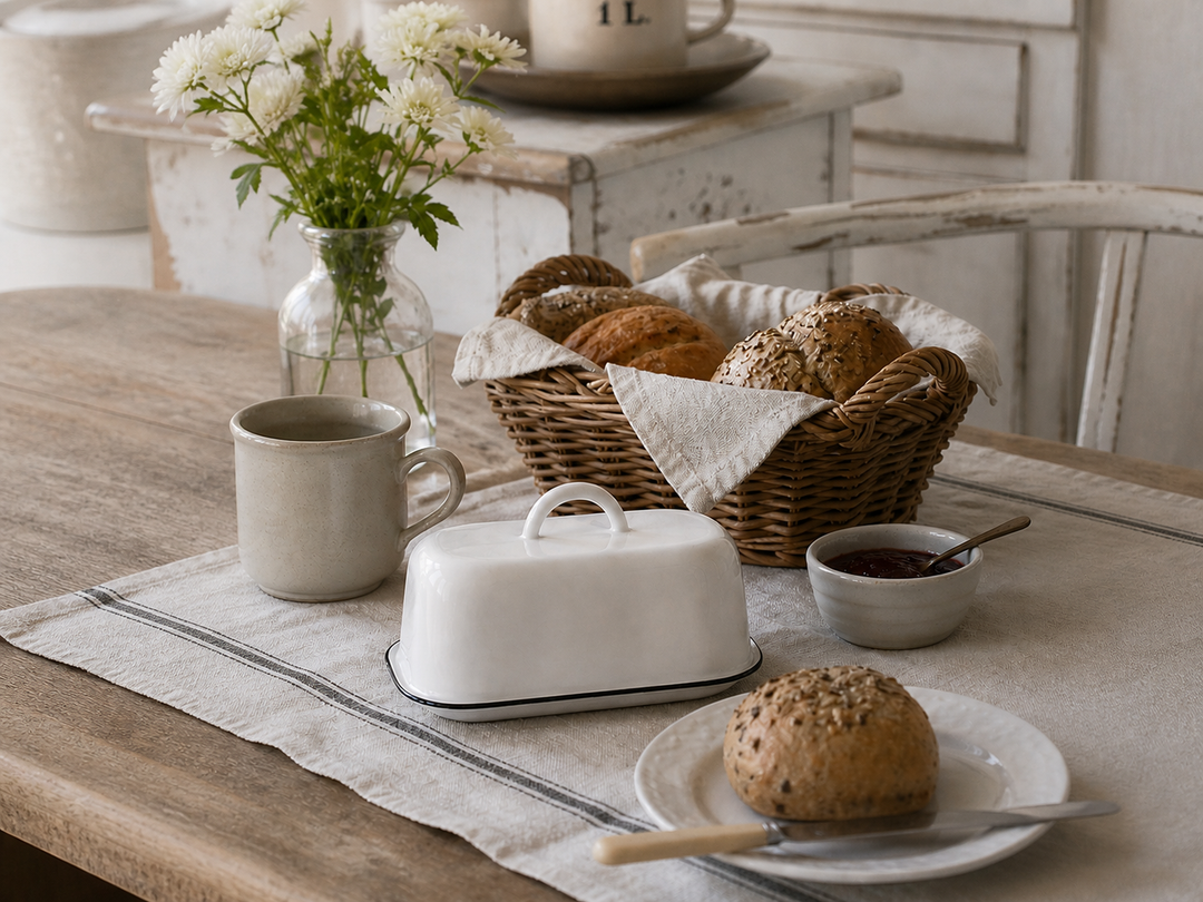 Ib Laursen Butterdose Emaille weiß mit schwarzem Rand auf gedecktem Frühstückstisch im Shabby Chic Landhausstil mit Brötchen und Marmelade