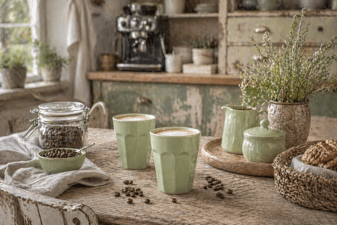 IB Laursen Café Latte Becher Mynte Wasabi grün auf Holztisch mit Kaffeebohnen und Kaffeemaschine Landhausstil