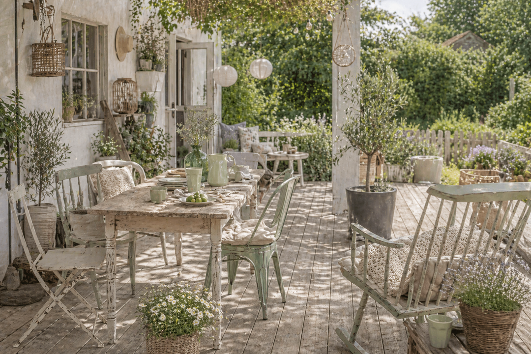IB Laursen Mynte Becher Wasabi grün auf Terrasse im Shabby Chic Landhausstil sommerliche Gartenszene