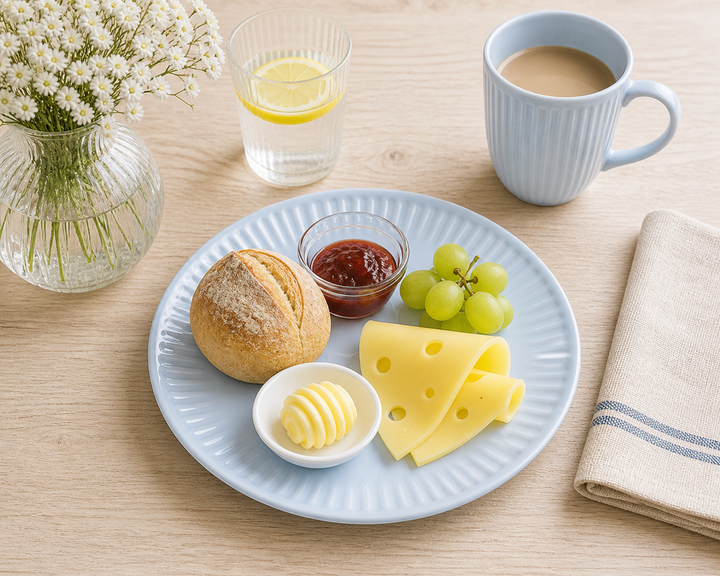 IB Laursen Frühstücksteller Mynte Stillwater 19,5 cm mit Brötchen, Marmelade und Käse auf hellem Holztisch im Landhausstil