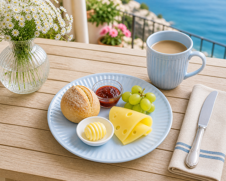 IB Laursen Frühstücksteller Mynte Stillwater 19,5 cm mit Frühstück auf sonniger Terrasse im mediterranen Landhausstil
