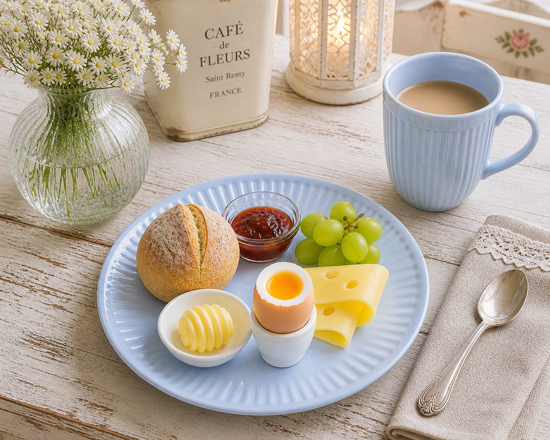 IB Laursen Frühstücksteller Mynte Stillwater 19,5 cm mit Frühstück und Ei in gemütlicher Shabby Chic Kaffee Szene