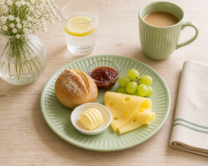IB Laursen Frühstücksteller Mynte Wasabi 19,5 cm mit Brötchen, Marmelade und Käse auf hellem Holztisch im Landhausstil