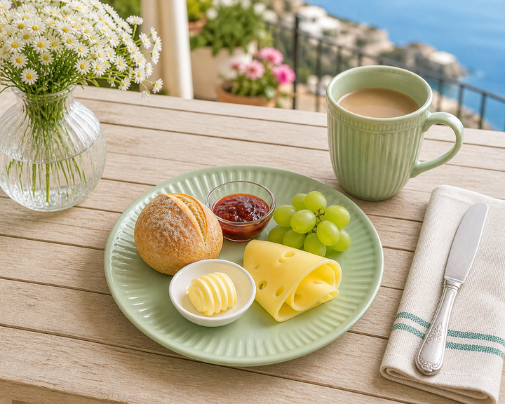 IB Laursen Frühstücksteller Mynte Wasabi 19,5 cm mit Frühstück auf sonniger Terrasse im mediterranen Landhausstil