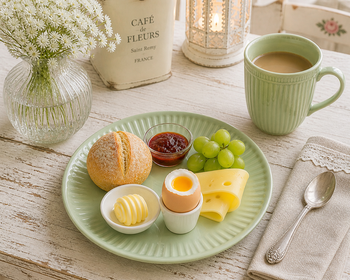 IB Laursen Frühstücksteller Mynte Wasabi 19,5 cm mit Frühstück und Ei in gemütlicher Shabby Chic Kaffee Szene