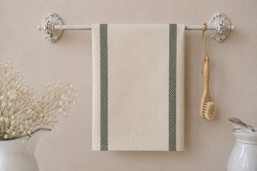 IB Laursen Geschirrtuch Chloe Creme mit grünen Streifen an vintage Handtuchstange im Landhausstil