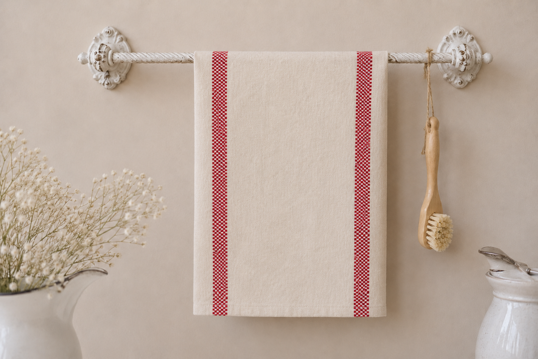 IB Laursen Geschirrtuch Chloe Creme mit roten Streifen an vintage Handtuchstange im Landhausstil