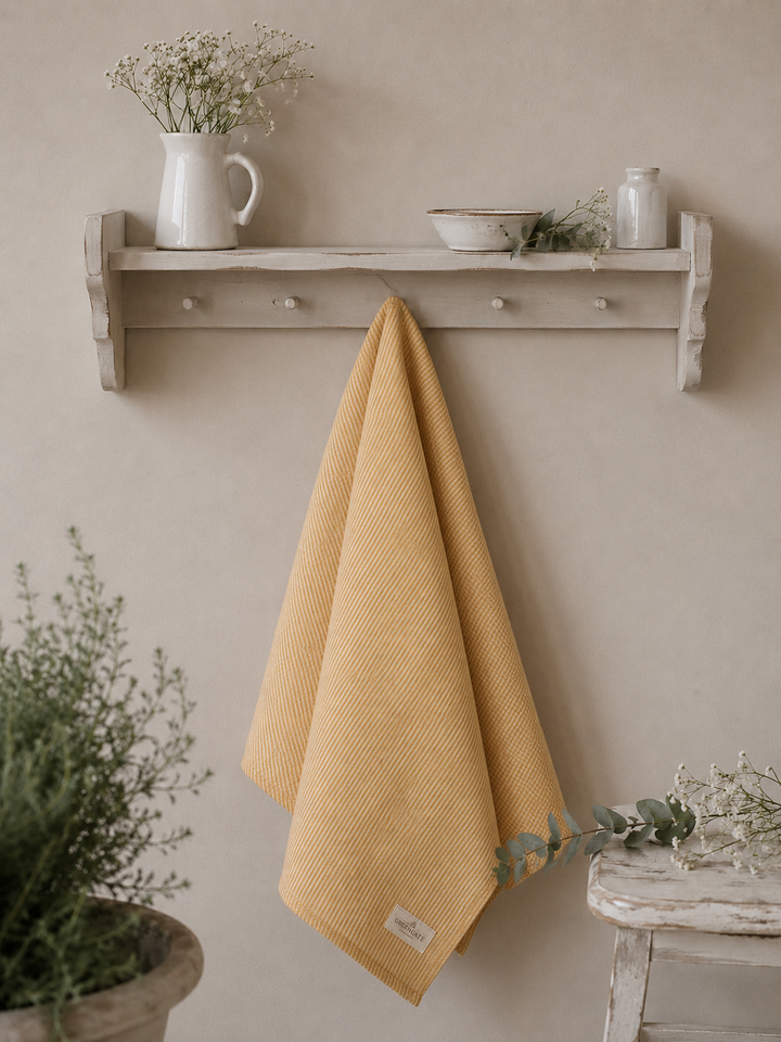 IB Laursen Geschirrtuch gelb gestreift an Vintage Holzregal im hellen Landhausstil mit weißen Keramikvasen und Schleierkraut