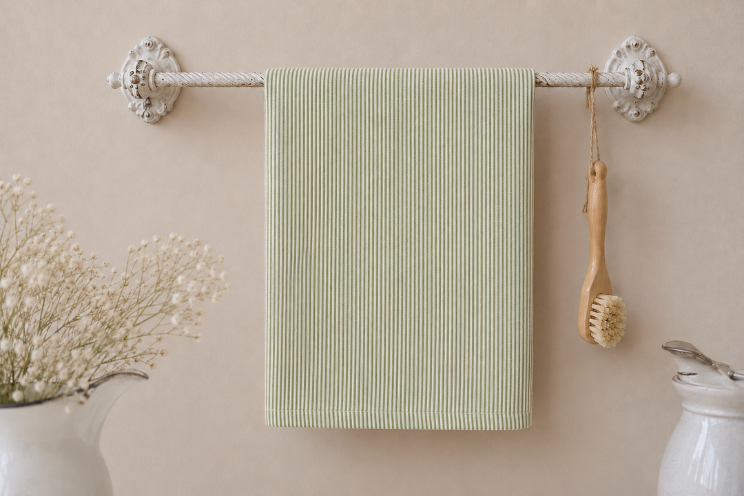 IB Laursen Geschirrtuch mit grünen Streifen an vintage Handtuchhalter im skandinavischen Landhausstil